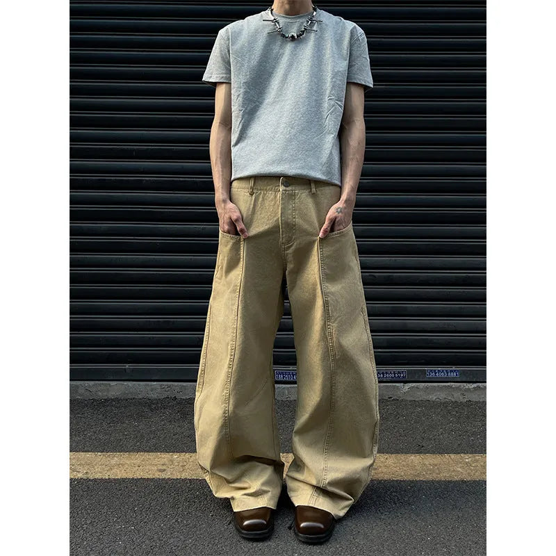 Men's khaki cotton straight-leg trousers showing American retro styling and solid colour