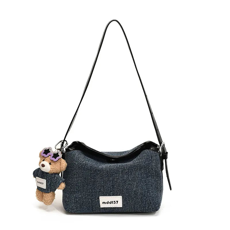 Fashion retro denim small crossbody bag in black with slit pocket and pendant