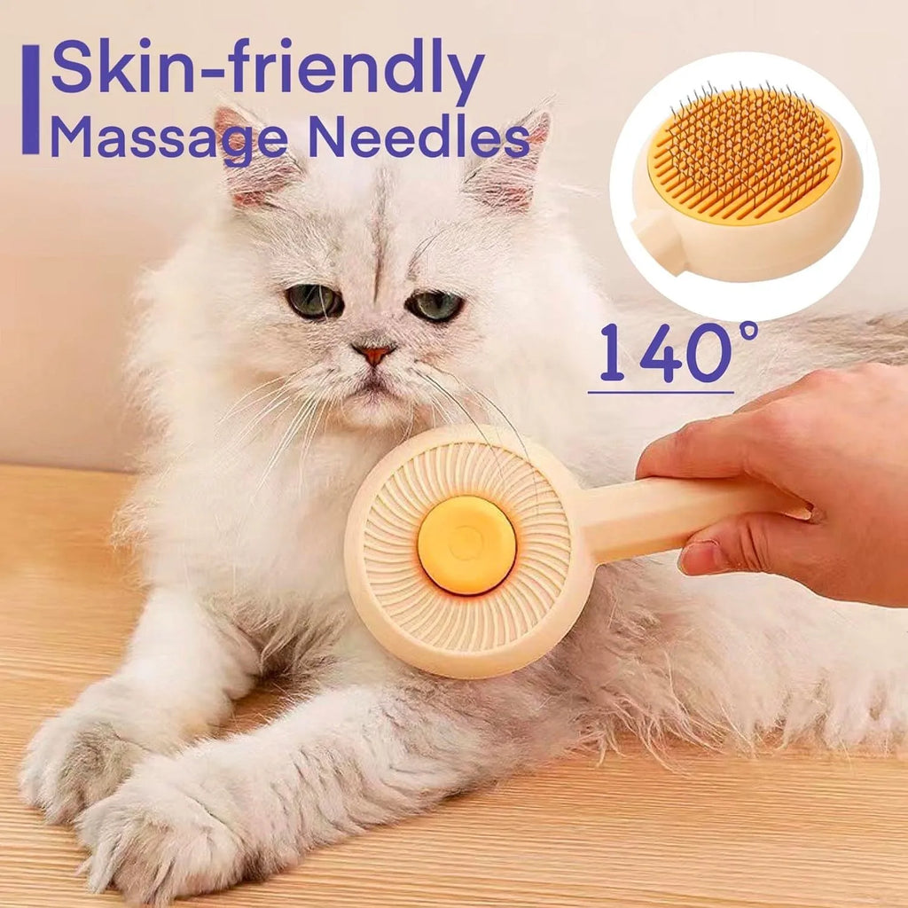 Blue pet grooming brush with self-cleaning button and angled metal bristles