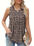 Black floral print sleeveless vest on a hanger, loose fit plus size women's top.