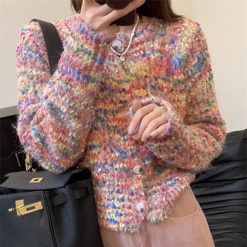 Acrylic retro rainbow sweater cardigan in slim fit free size available in pink or green colours