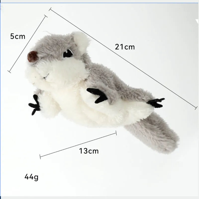 Grey flapping squirrel cat toy with touch-activated motion and USB charging port