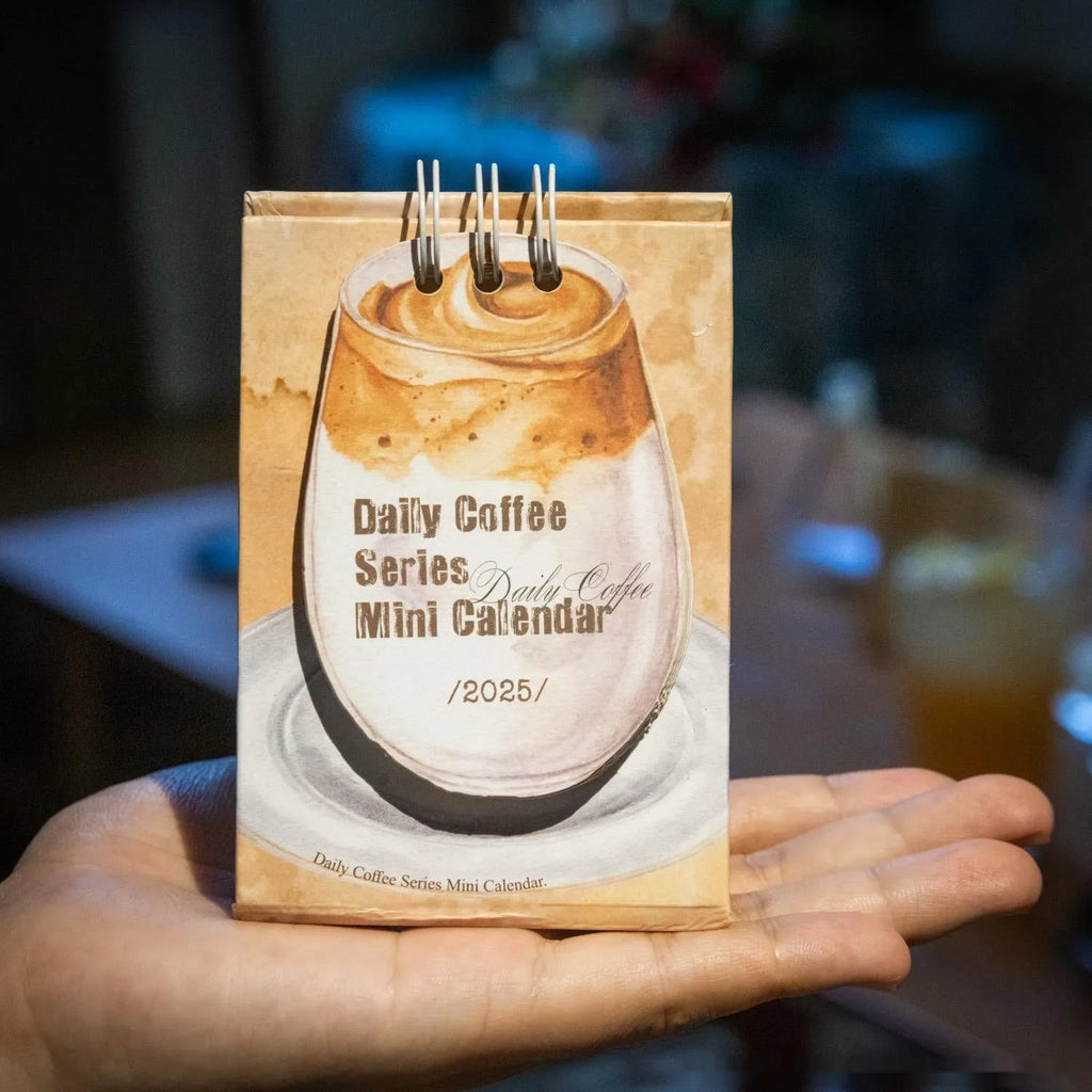 Coffee themed mini desk calendar 2025 with ten different daily designs including Coffee Time and Life Is Not Easy