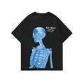 Men's short-sleeved printed street t-shirt on a hanger, showing digital print pattern on polyester fabric.