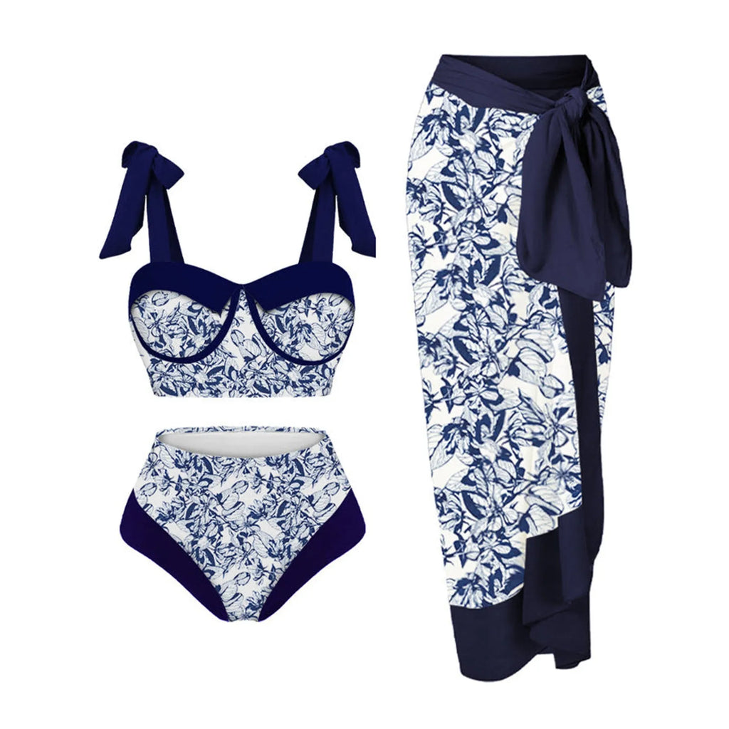 Women's printed three-piece swimming costume with bra, skirt and briefs in polyester fabric