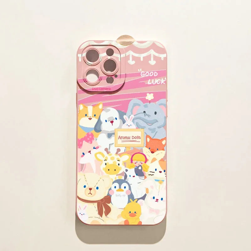 Cartoon animal printed TPU phone case for iPhone with anti-drop protection, available in multiple colours