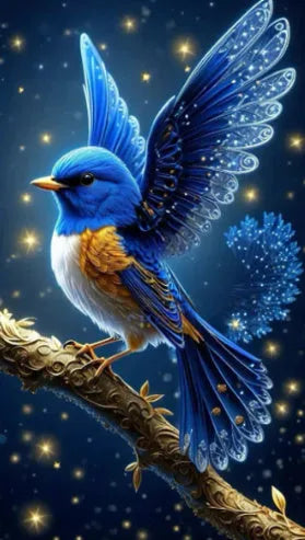 Handmade DIY diamond painting kit showing a blue bird design on a 60x100 cm canvas.