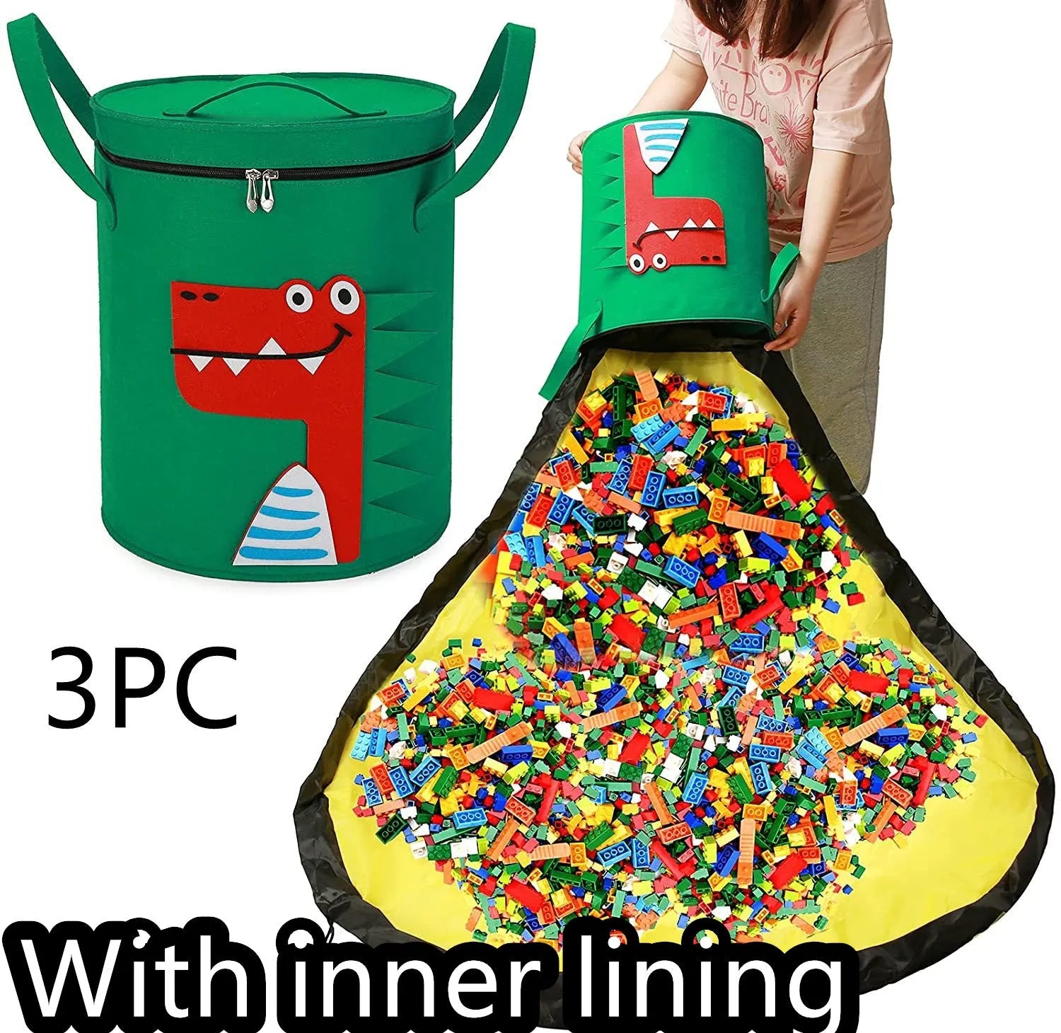Green felt storage bag converted into a toy play mat with pull rope closure