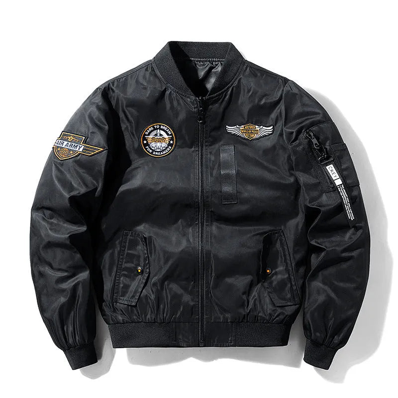 Men's flight suit pilot baseball jacket in army green with zipper pockets, front view