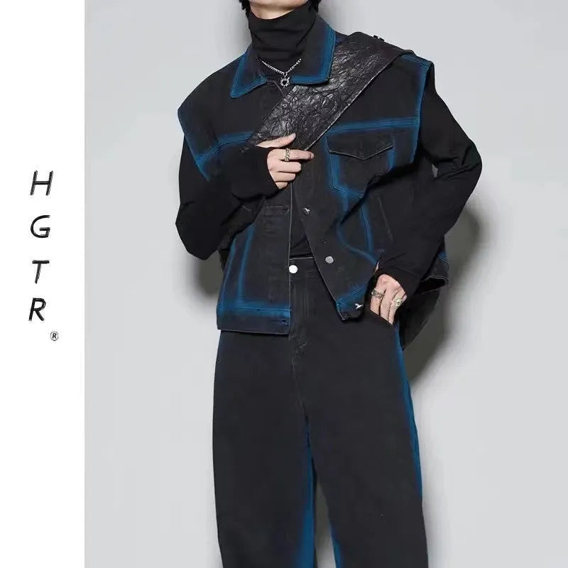 Blue distressed vest and jeans two-piece suit set with spray colour gradient on fleece-lined polyester.