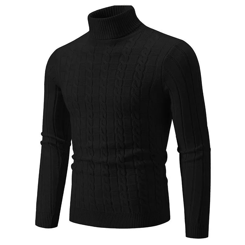 Men's slim fit chenille turtleneck pullover sweater in milky white on a model.