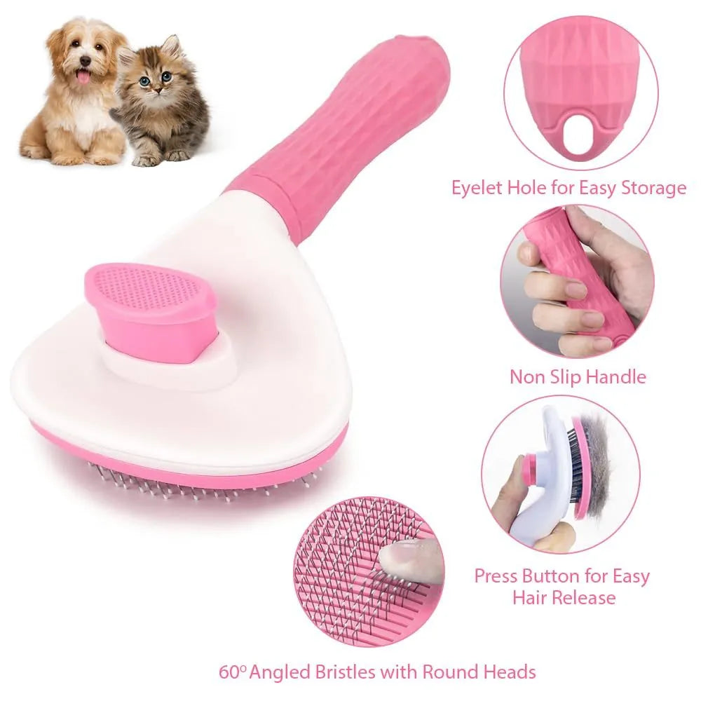 Cat grooming brush with release button in blue, grey or pink for removing loose fur and tangles