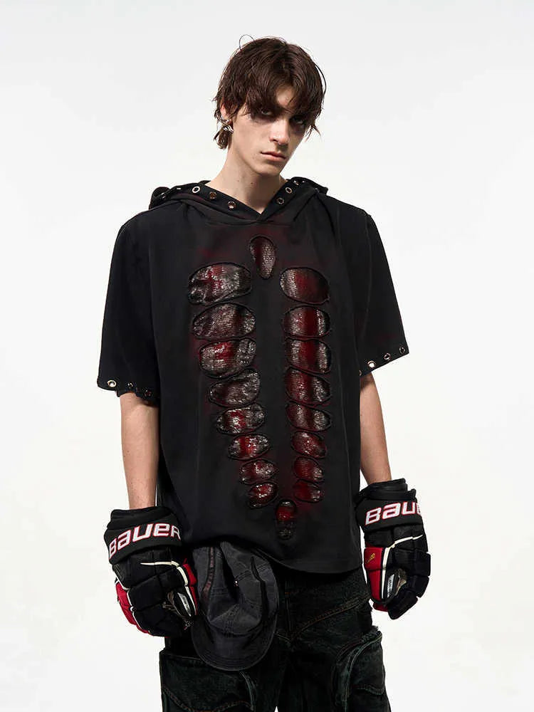 Black hooded men's T-shirt with sequin decoration and short sleeves in loose fit