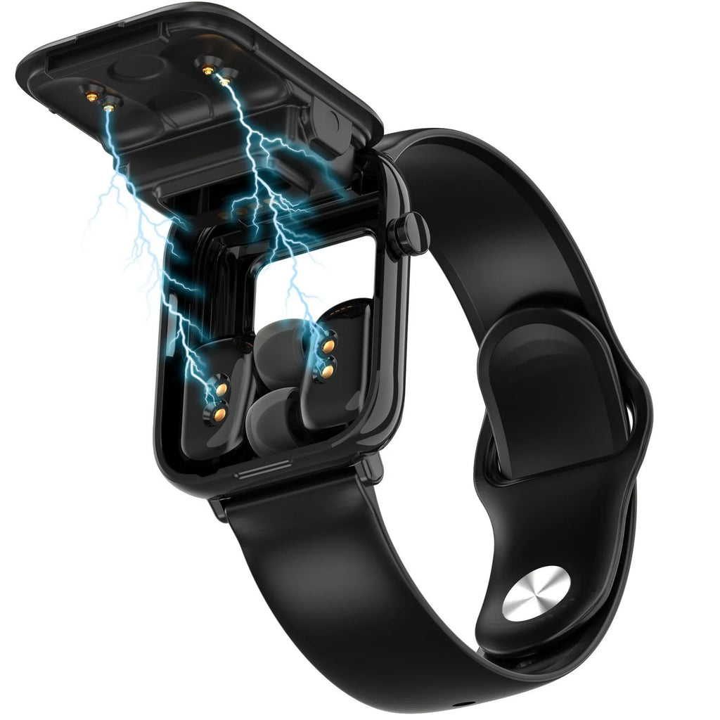 Black all-touch smart watch body with zinc alloy case, 1.69 inch screen, and integrated bluetooth headset features showing IP67 waterproof rating.