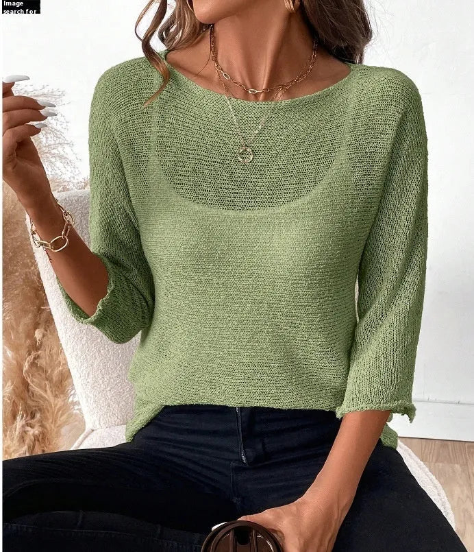 Women's knitted off-shoulder overall jumper in lavender purple with a 3D pattern and 3/4 sleeves.