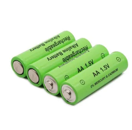 Green AA size alkaline rechargeable battery with 3000mAh 1.5V labelling.