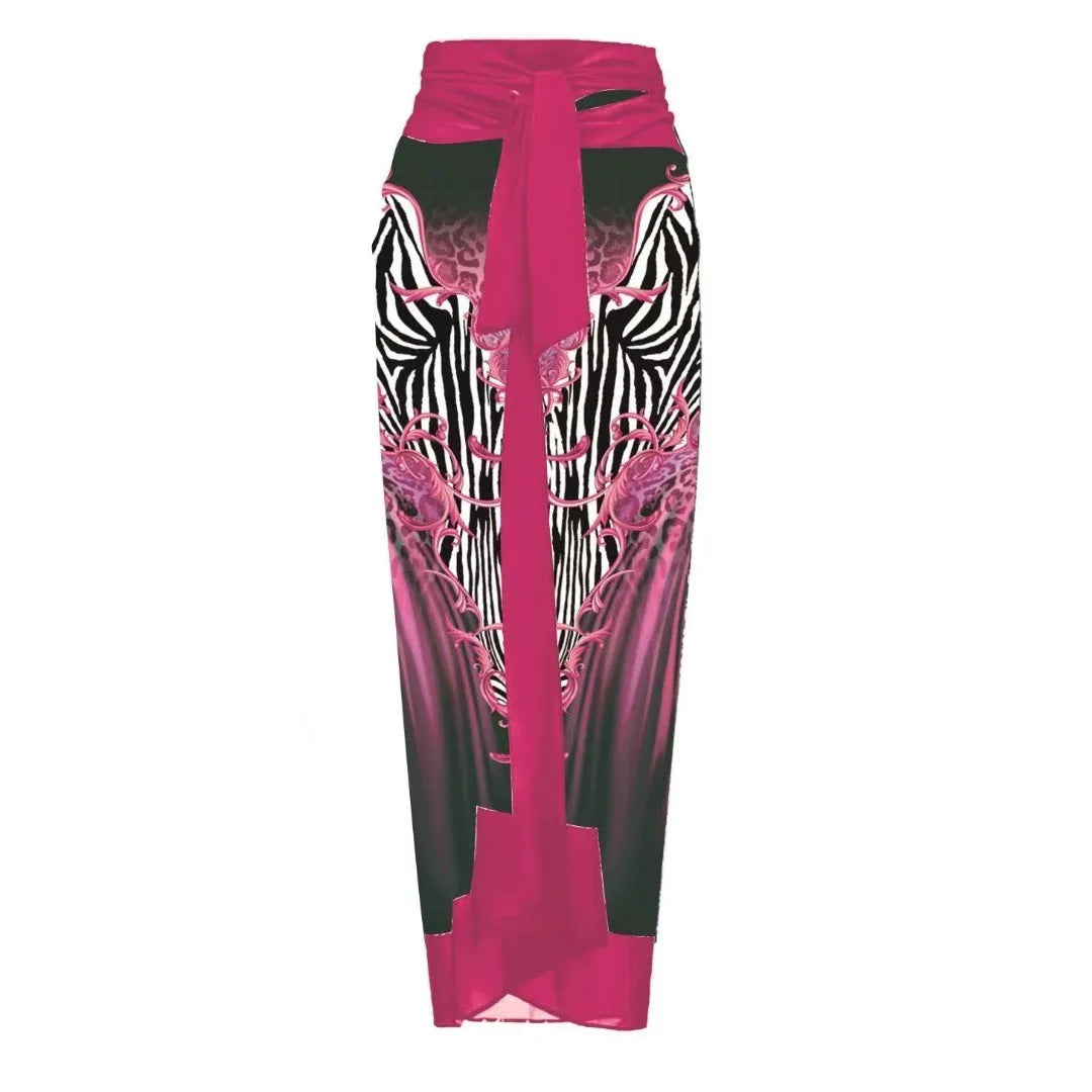 Women's floral print one-piece swimsuit with wrap skirt in polyester fabric