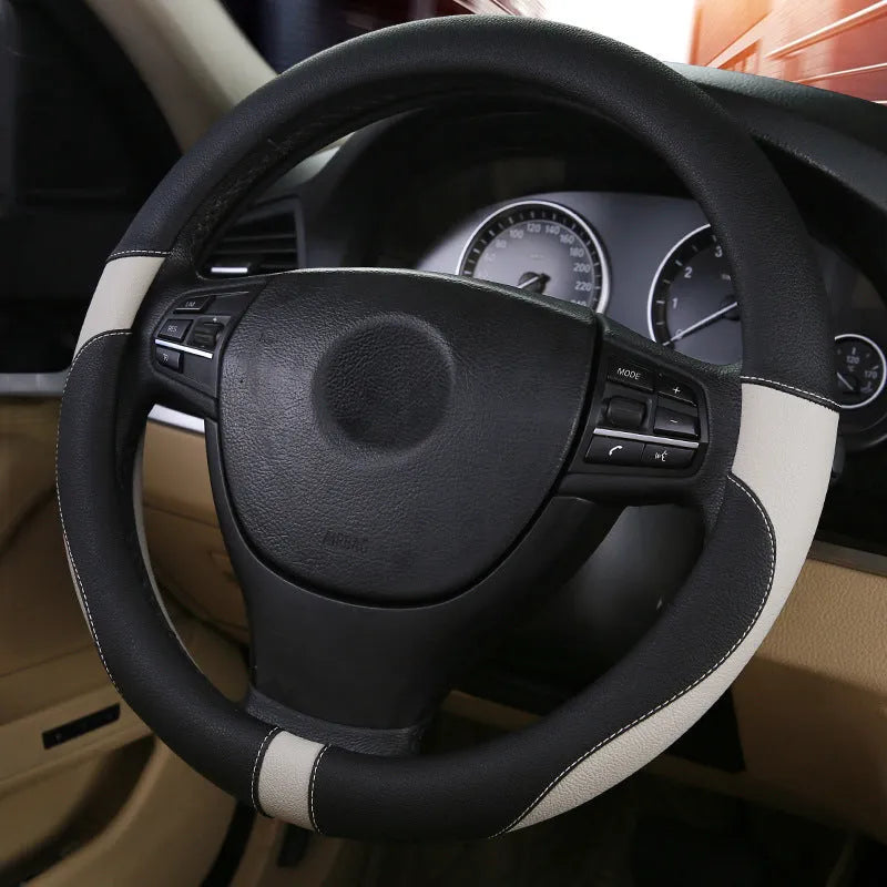 Green leather steering wheel cover for sedan with 38cm diameter on a car steering wheel