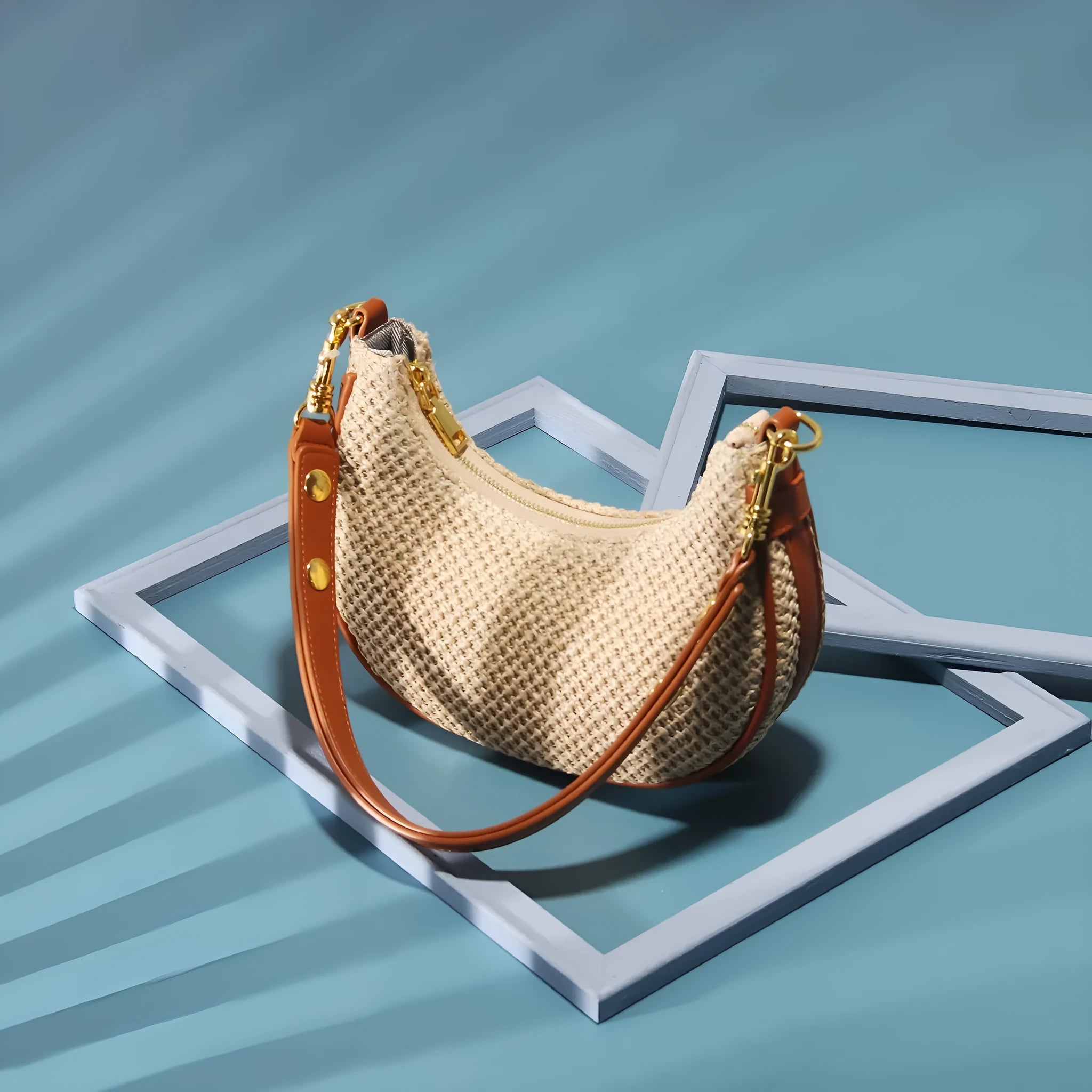 Straw all-match shoulder underarm bag women's niche messenger bag PU brown colour horizontal square shape sewing thread detail