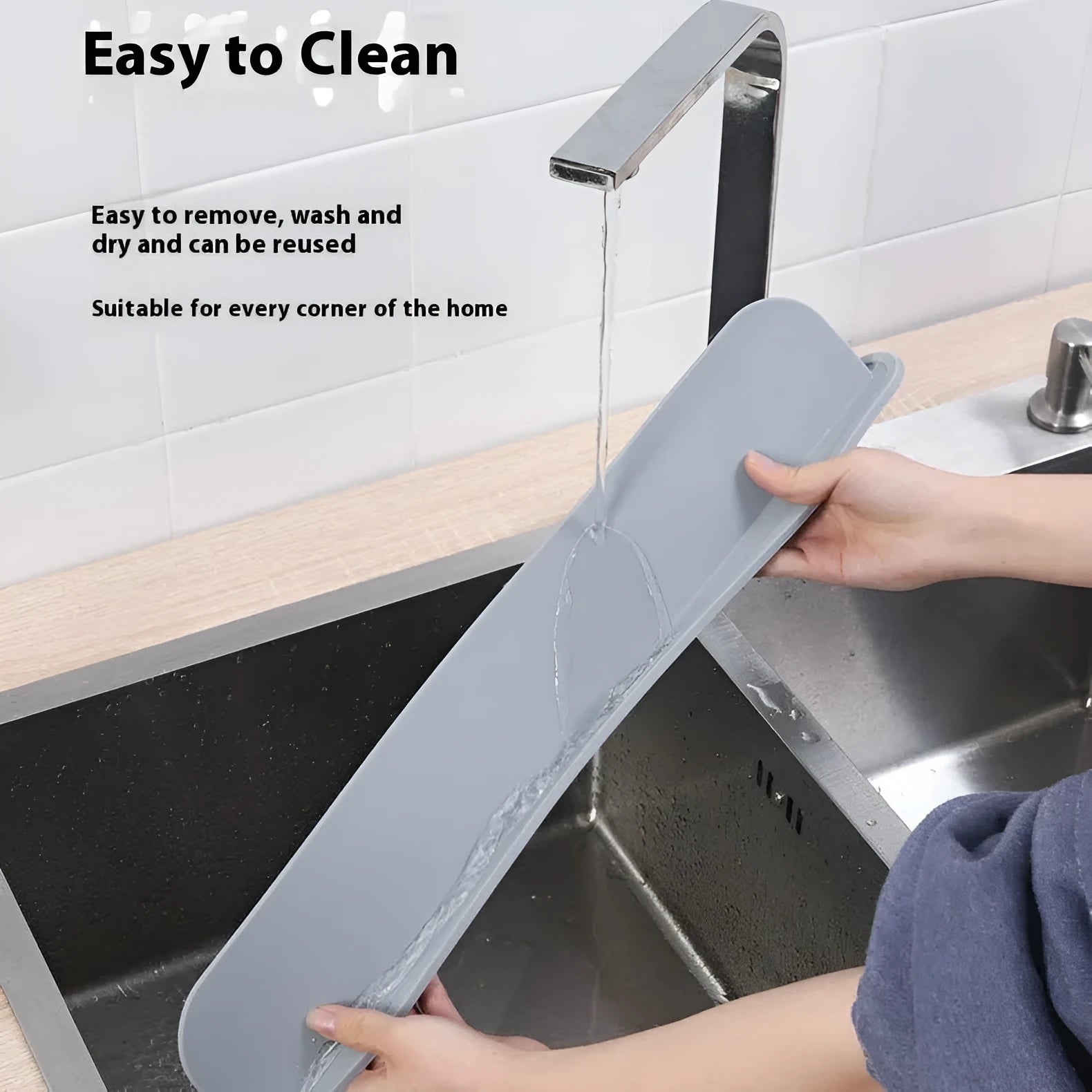Silicone sink water blocking plate in grey, blue or black colours showing dimensions 52x5x85mm