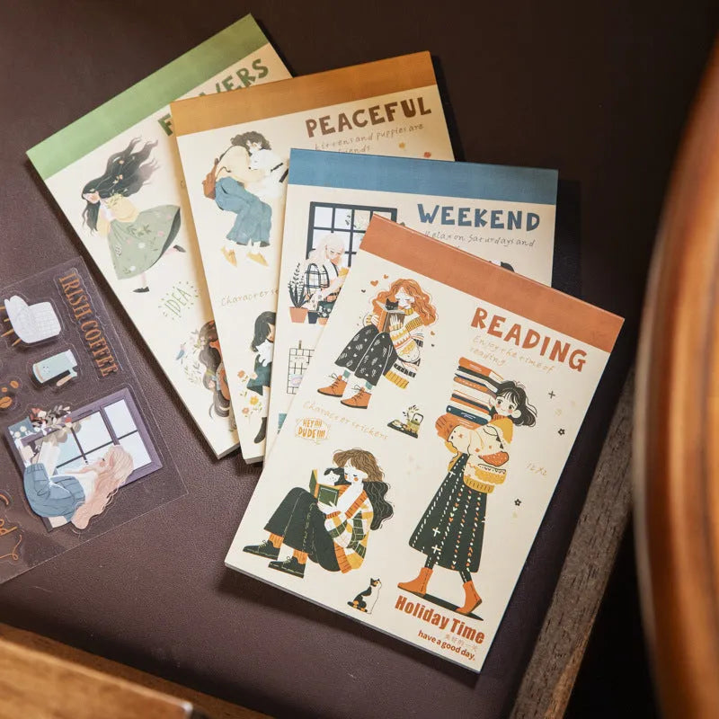 Double material retro sticker book with character landscape scenes quiet reading time planting small pot plant holiday live healing time