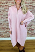 Women's solid colour loose knitted dress with raglan sleeves and a front zip detail
