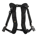 Black professional dual shoulder strap for carrying two SLR cameras simultaneously.