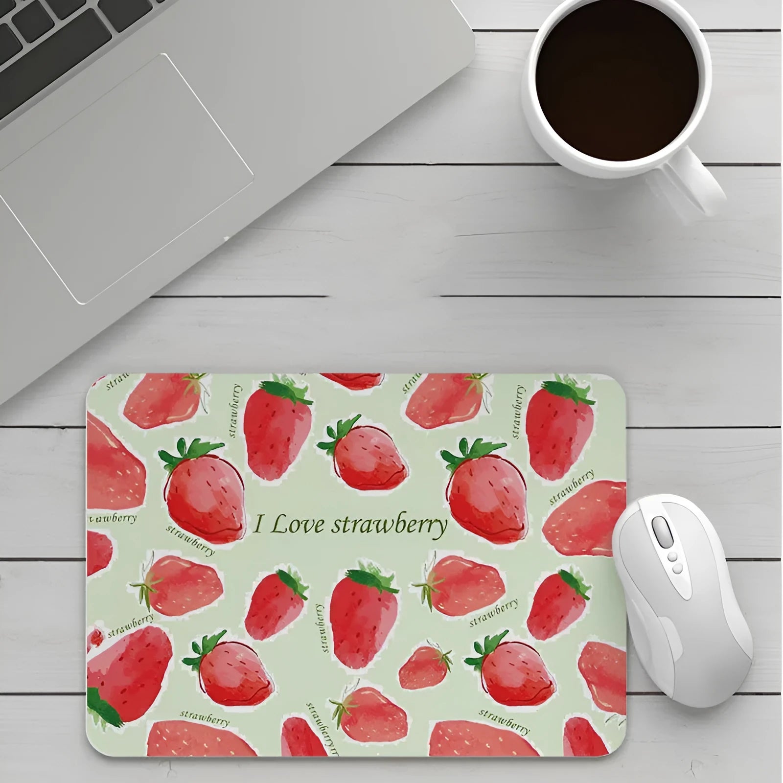 Custom cartoon mouse pad with thickening, showing example artwork on non-slip rubber and cloth base.