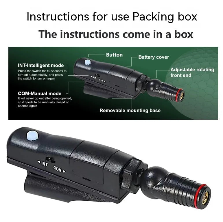 Golf putter laser aiming instrument showing different style configurations including basic unit, zipper box case, and tripod stand
