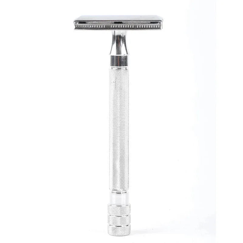 Traditional manual shaving set with safety razor, natural bristle brush and metal scraper tool