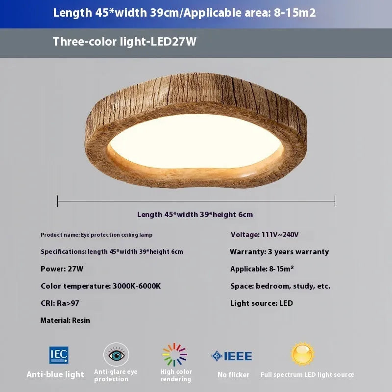 Round wood grain finish ceiling lamp in new Chinese style, flush mounted on a white ceiling.