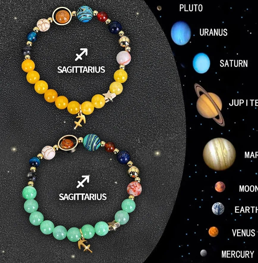 Set of twelve natural stone beaded bracelets, each with a different zodiac sign charm, on a white background.