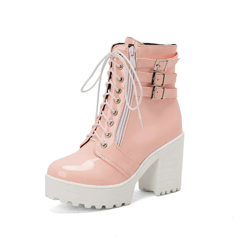 Women's black thick heel ankle boots with front lace-up and round toe