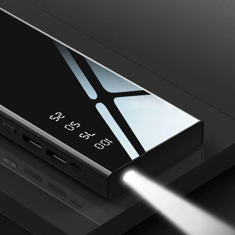 20000mAh portable power bank with LCD display and dual USB ports in black colour