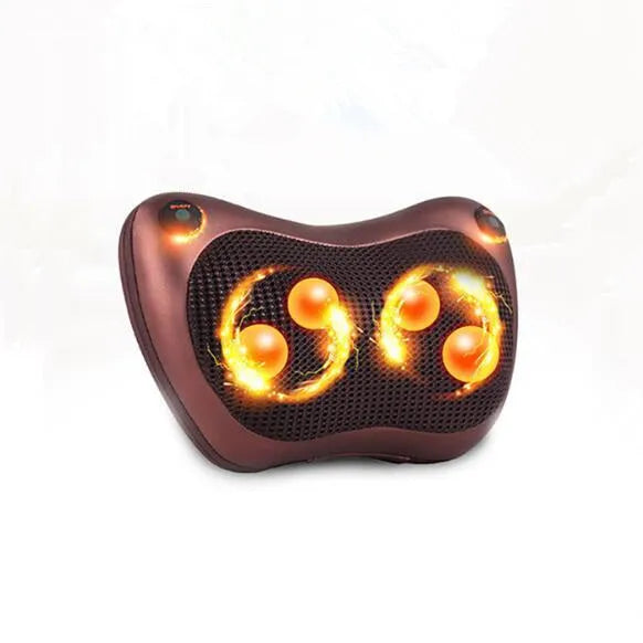 Electric infrared kneading massage pillow in black PU leather with control buttons and adjustable fixing strap for car seat use
