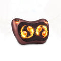 Electric infrared kneading massage pillow in black PU leather with control buttons and adjustable fixing strap for car seat use