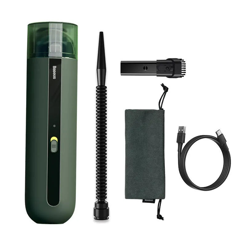 Black handheld wireless car vacuum cleaner with nozzle and blowing hose accessory