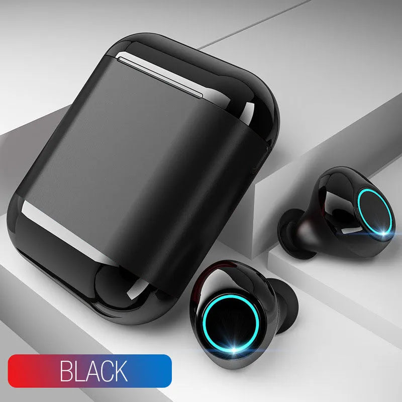 Bluetooth wireless earplugs in black, gold, or light grey colours with TWS design showing separate left and right earpieces