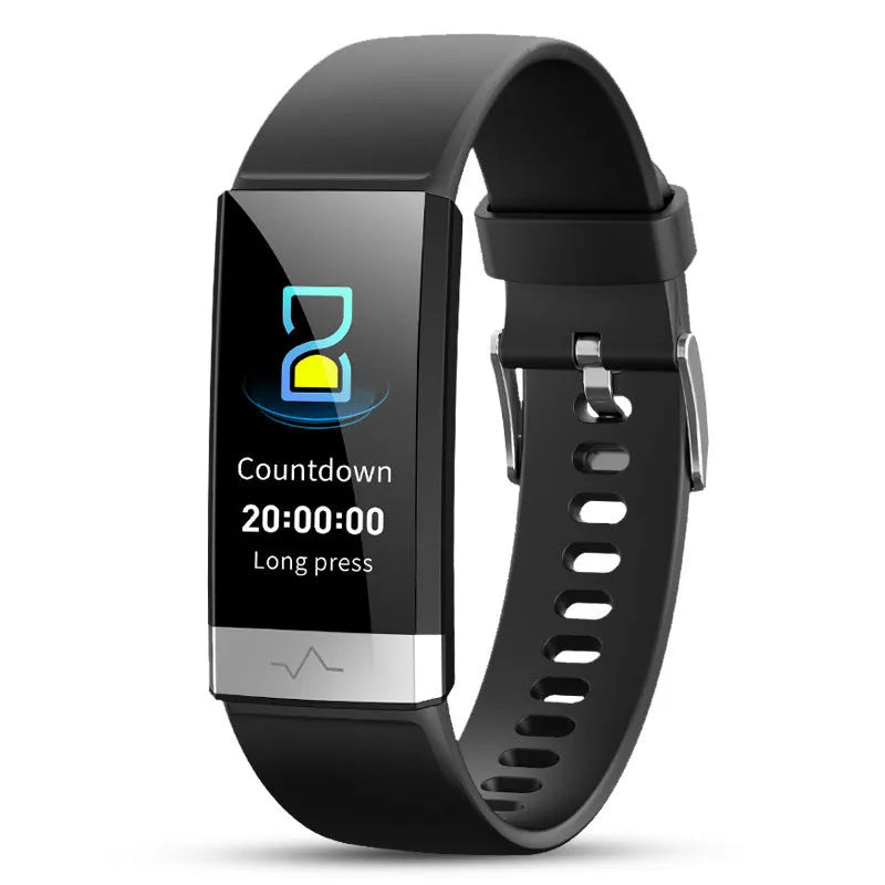 V19 smart fitness tracker in black with a colour display showing heart rate and SpO2 data.