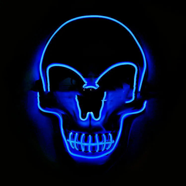 Skull LED glowing Halloween mask with EL wire, available in multiple colours, on a black background