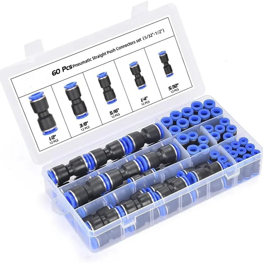 60-piece pneumatic push-in connector set with alloy plastic body and threaded adapters