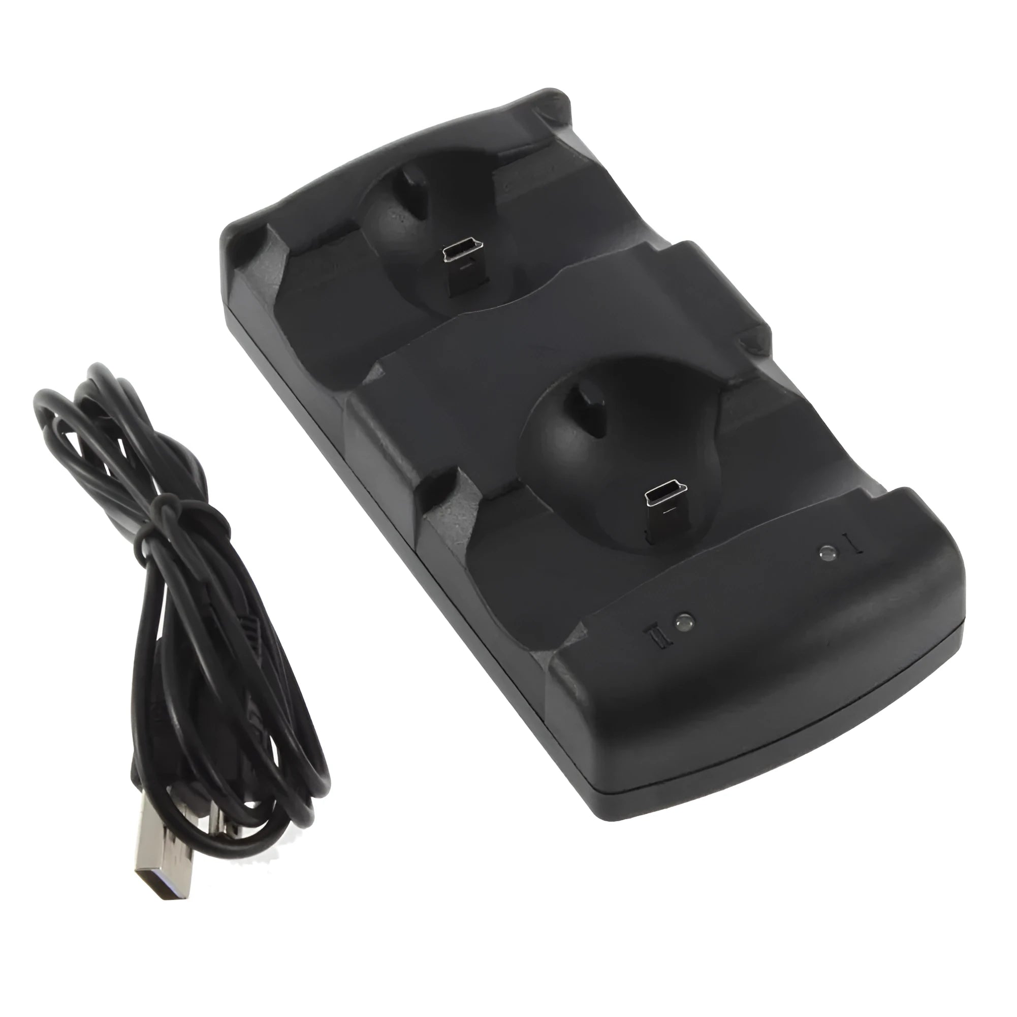 Black PS3 dual USB charging dock for two wireless controllers next to a PlayStation 3 console