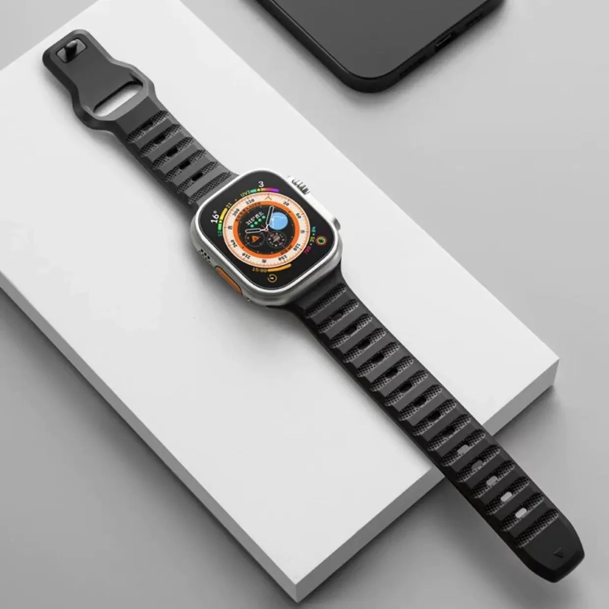 Fluoro rubber watch band with T buckle in black, orange, grey, pink, blue and starlight for iWatch Ultra and Series 1-8