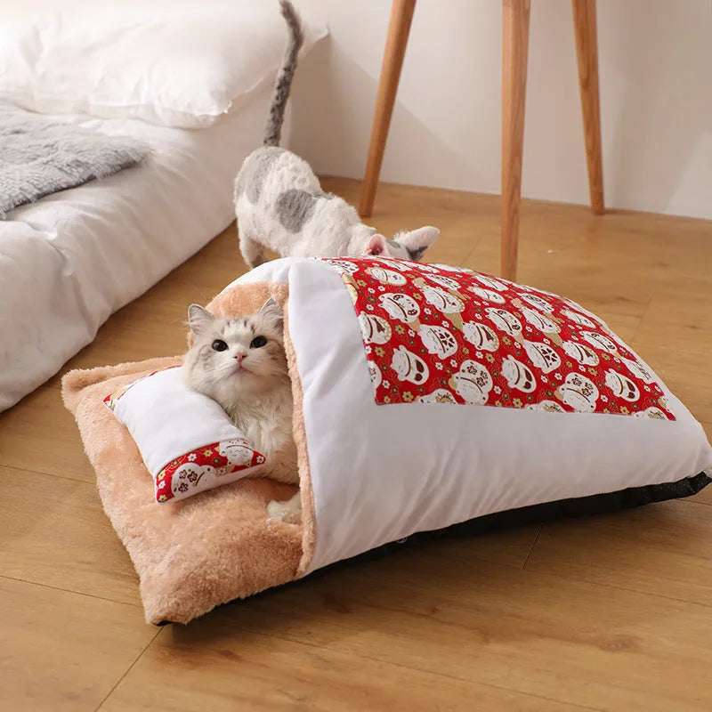 Warm semi-enclosed cat bed with removable washable quilt, cloth cave design for small to large cats