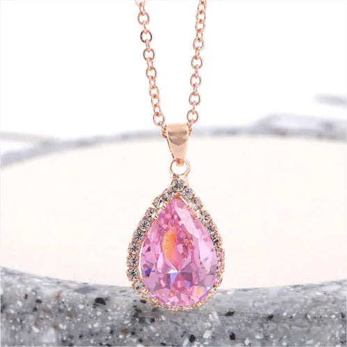 Women's rose gold water drop rhinestone necklace with geometric design and artificial gemstone inlay