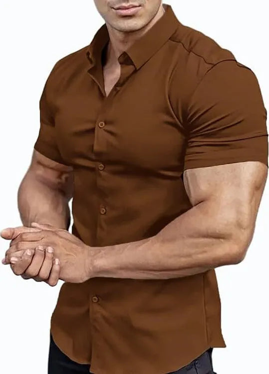 Men's brown short sleeve casual printed shirt with a collar on a hanger.