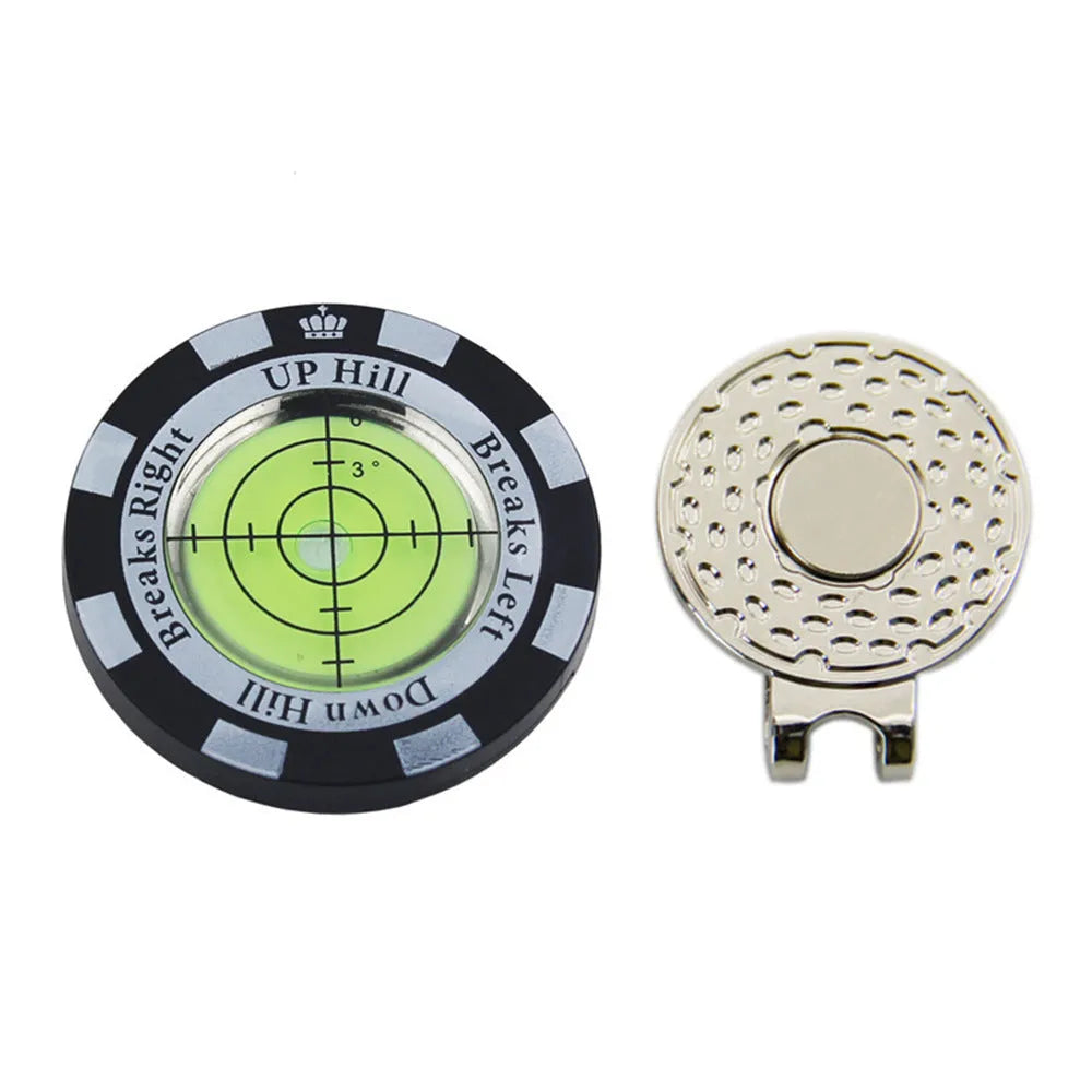 Golf level hat clip measurement device with green position markers for score tracking