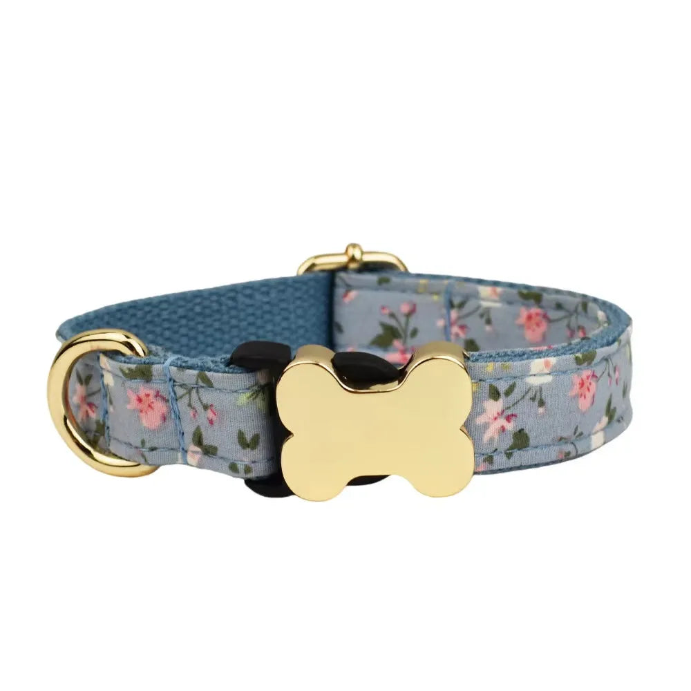 Nylon dog collar with printed grid pattern and metal bone buckle in multiple colour options