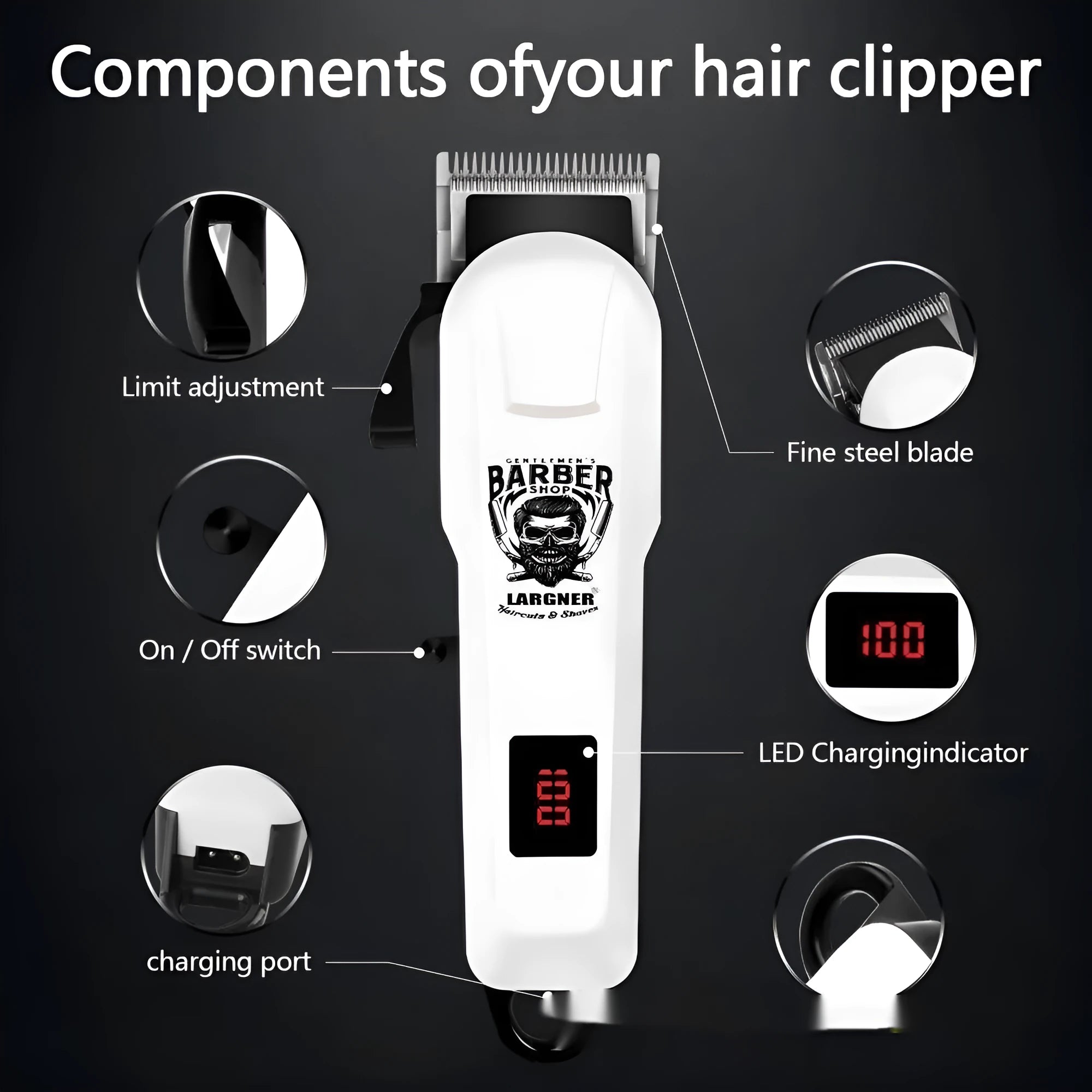 USB rechargeable stainless steel hair clipper with 4-in-1 grooming kit components