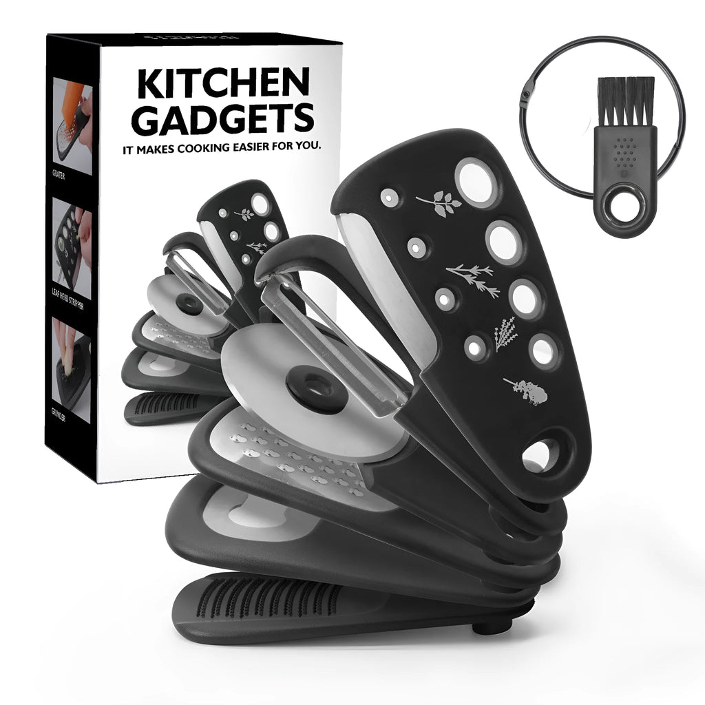 Six stainless steel kitchen gadgets stacked together in modern colour box with cleaning brush
